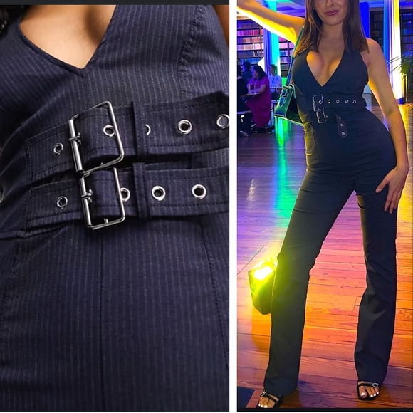 Bershka pinstripe Y2k halterneck jumpsuit buckle - Picture 3 of 11